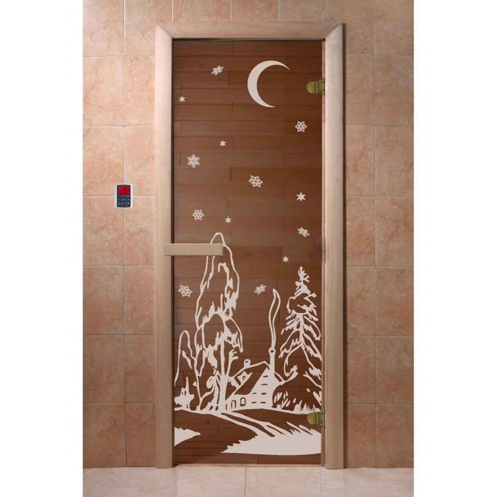 Дверь стеклянная DoorWood 700*1900 "Зима Бронза" стекло бронза прозрачная 6 мм, коробка хвоя, деревянная ручка